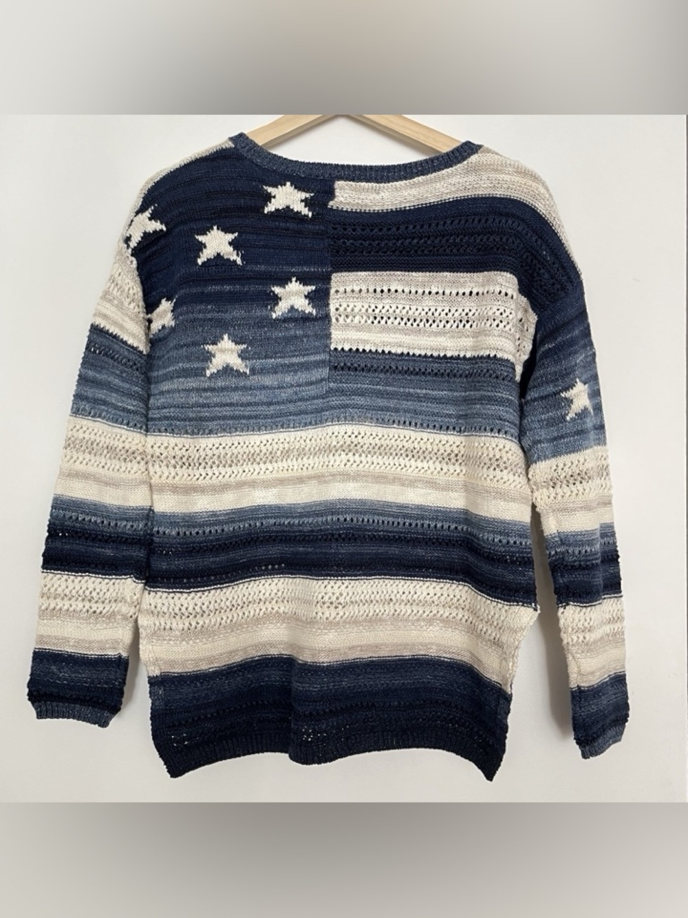 Polo Ralph Lauren Women’s Open Knit Sweater S Petite Stars Stripe Blue Preppy - Picture 2 of 6